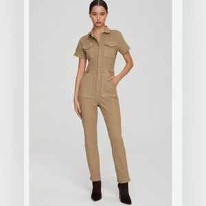 Good American khaki mossy green "fit for success" denim jumpsuit.